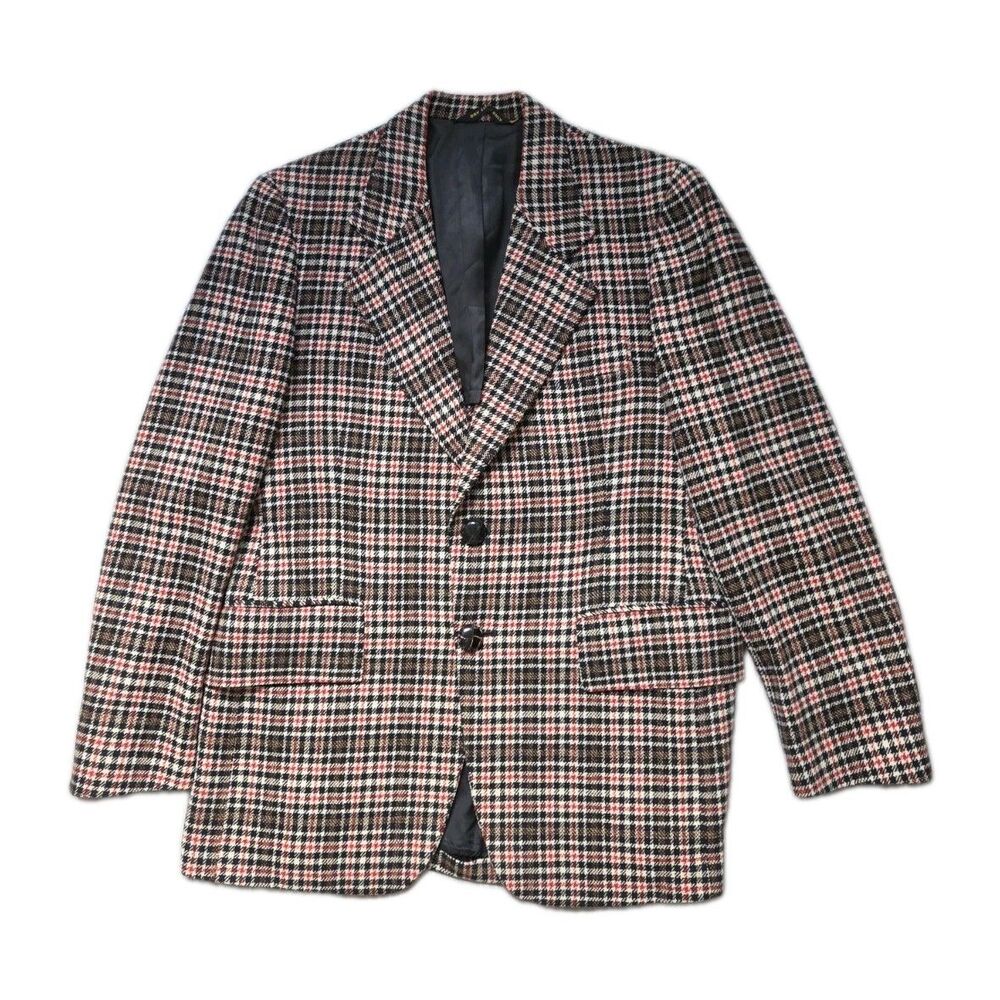 Vintage Botany 500 Levy Bros Pure Wool Plaid Blazer Sport Coat Red Brown 40 GUC